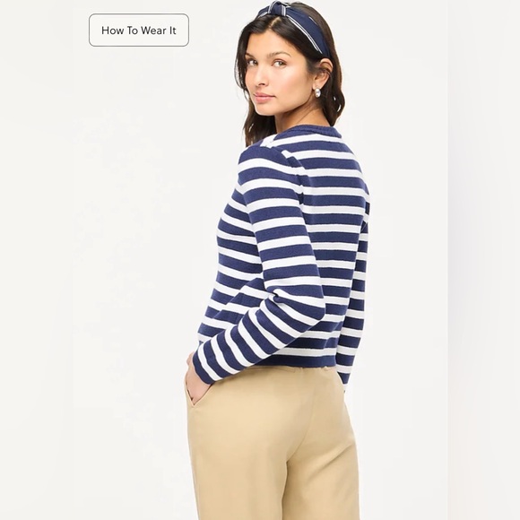 J. Crew Striped cotton lady jacket cardigan sweater in Antique Navy Ivory size S - Picture 2 of 12